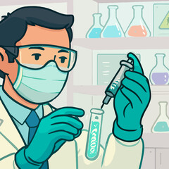 Medical scientist in a mask and gloves, using a syringe to inject a substance into a test tube.