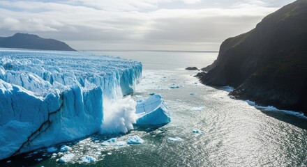 Majestic Iceberg and Glacier in a Vast Icy Ocean Landscape Under a Bright Sky