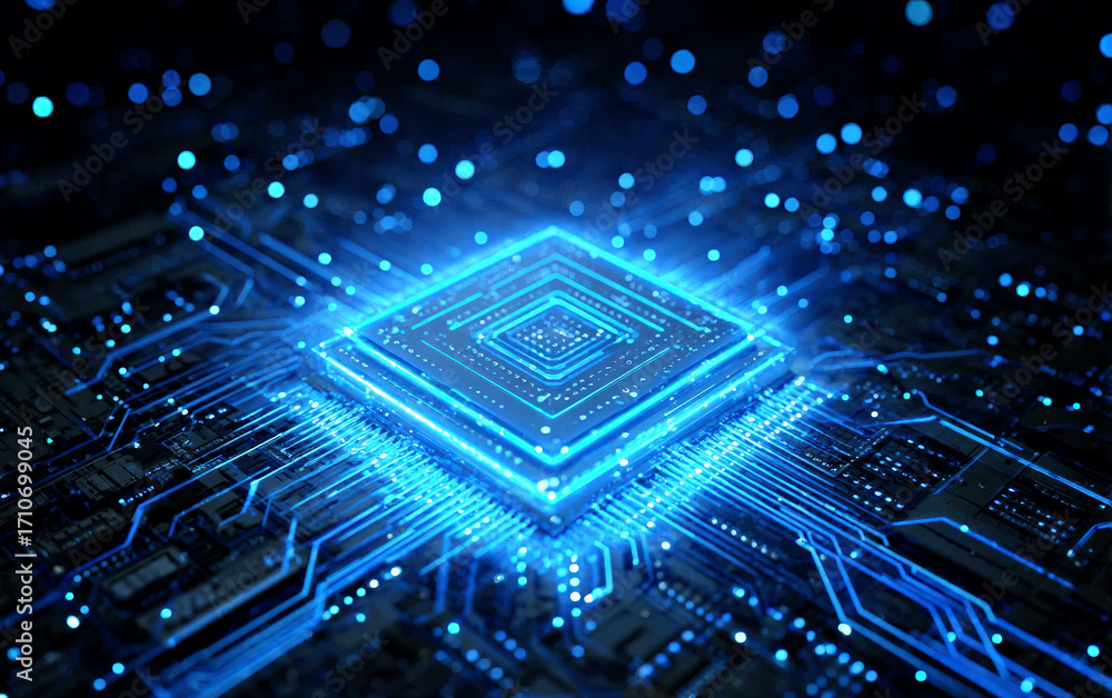 Poster advanced circuit board with glowing microchips displaying technology