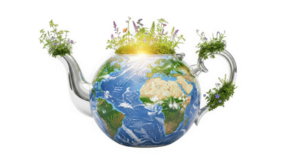 3d teapot shaped earth with growing greenery overflowing isolated on transparent background