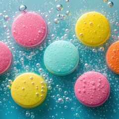 Macro shot of colorful fizzing antacid tablets dissolving in bubbly blue water