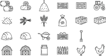Farm icon vector set — hay bales, tractor, crates, grain, wheat, barn, pitchfork, chickens, rural agriculture design