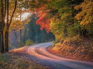 Obraz premium Serpentine Dirt Road Through an Autumn Forest Bathed in Golden Sunlight fall