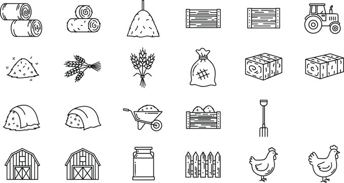 Farm icon vector set &mdash; hay bales, tractor, crates, grain, wheat, barn, pitchfork, chickens, rural agriculture design