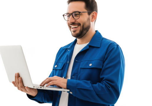 Smiling man wearing glasses holding a laptop isolated on transparent background
