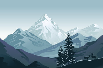  illustration of snowy mountains with tall pine trees and two deer standing on a hill in the foreground in winter landscape.
