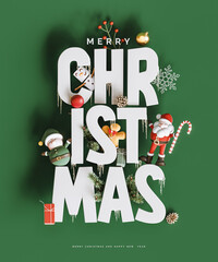 White Christmas letters with Christmas symbols on green background. Creative Merry Christmas banner design. 3D Rendering, 3D Illustration	
