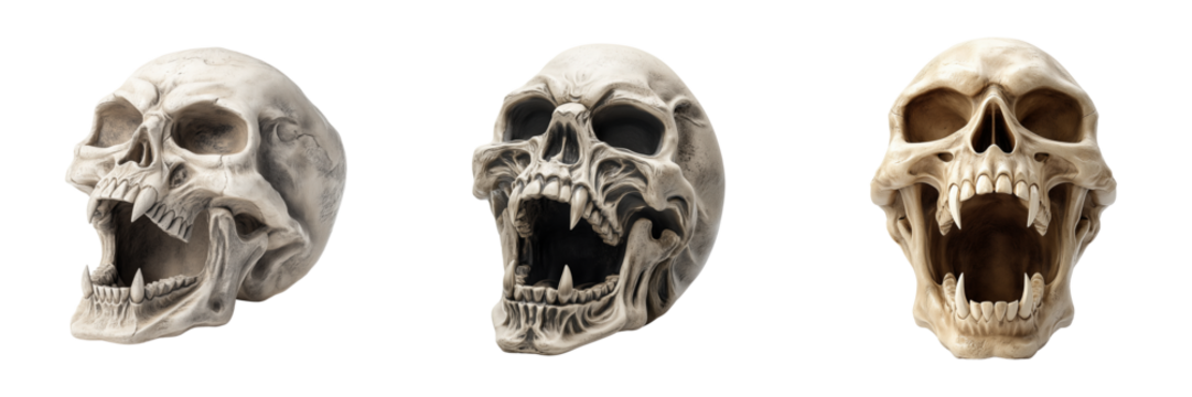 Close-up art gallery photoshoot unique expressions on skull displays