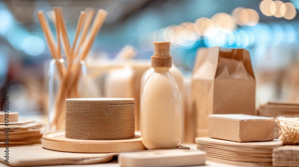 Poster clear medium shot of a recyclable packaging display holding products with the main object crisply de