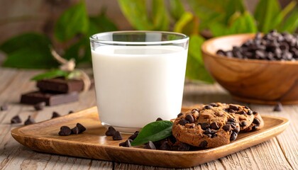 Glass of milk with chocolate chip cookies