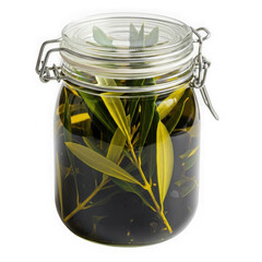 3d realistic olive jar infused in oil with fresh branches isolated on transparent background