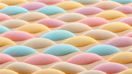Macro view of pastel colored rounded mounds on a sandy textured surface