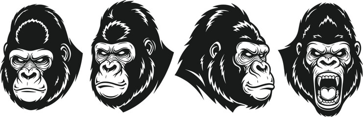 Gorilla head silhouette vector set — four black illustrations with varied expressions, from stern to roaring, for bold character design