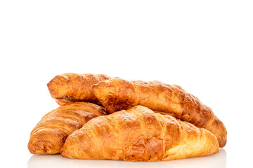 Chocolate croissants isolated on white background, close-up.
