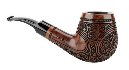 3d ornate tobacco pipe with decorative engraving realistic render isolated on transparent background
