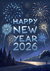 Happy New Year 2026, painted in glowing silver and blue oil strokes on deep navy canvas, featuring fireworks and starlight. Perfect for greeting cards, wallpapers, and dreamy festive digital art.