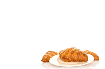 Chocolate croissants isolated on white background, close-up.