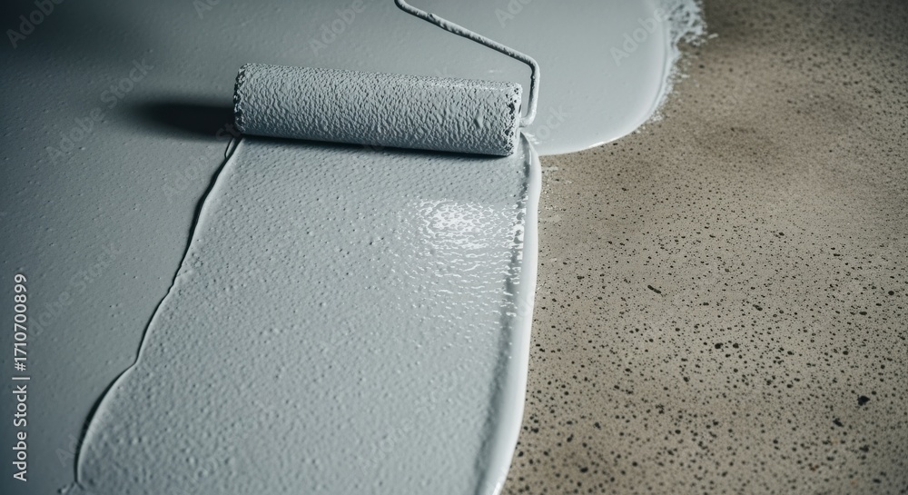 Poster Overhead view of a freshly mixed epoxy resin applied with a roller to a garage floor highlighting the transformation from dull concrete to polished surface.