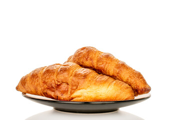 Chocolate croissants isolated on white background, close-up.