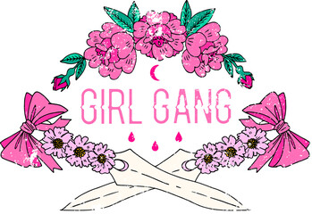 Girl Gang Graphic with Pink Flowers and Crossed Swords Illustration