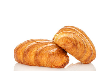Chocolate croissants isolated on white background, close-up.