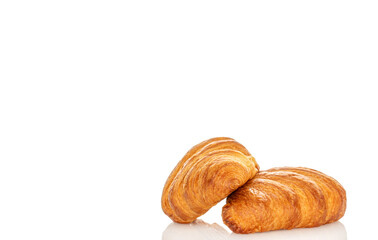 Chocolate croissants isolated on white background, close-up.