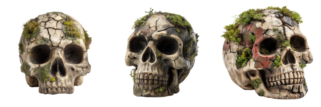 Moss-covered skulls nature scene decorative art indoor close-up