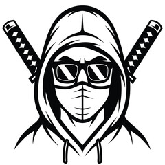 Masked warrior with katanas wearing hoodie and sunglasses in a fierce monochrome silhouette