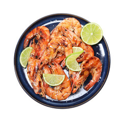 Tasty grilled shrimps with lime and salt isolated on white, top view. Delicious seafood dish