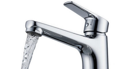 3d modern chrome faucet with flowing water realistic render isolated on transparent background