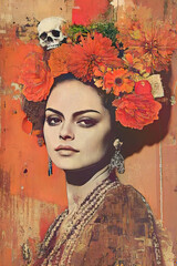 Surreal artistic portraits of woman combined with skulls and vibrant flowers, symbolizing life, death, and rebirth in a bold Day of the Dead inspired design with butterflies, floral patterns, and expr
