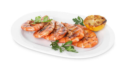 Tasty grilled shrimps with parsley and lemon isolated on white. Delicious seafood dish