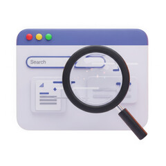 3d magnifying glass over web search interface isolated on transparent background