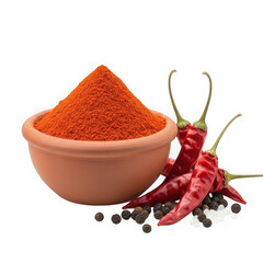 3d realistic chili powder and dried chilies food ingredient render isolated on transparent background