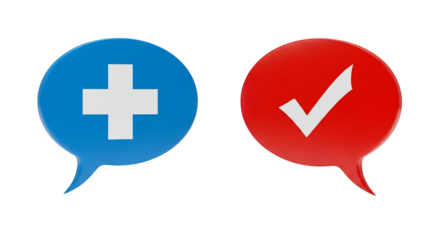 3 d speech bubbles with plus and checkmark symbols