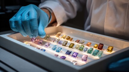 Expert examining multiple colorful gemstones on a white tray under specialized lighting assessing brilliance and imperfections for certification.