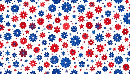 Festive pattern of red and blue flowers and stars on white