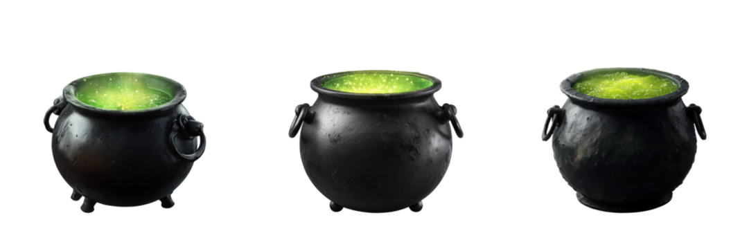 Mystical potion brewing event fantasy setting 3 cauldrons green glow