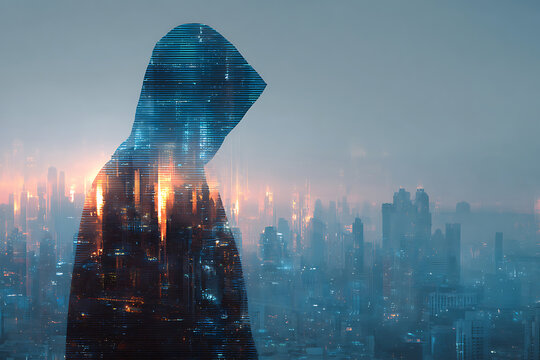 Mysterious Hooded Figure Silhouette with Digital Cityscape and Glowing Data Overlay