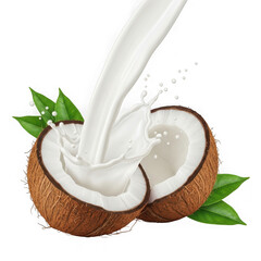 3d realistic coconut milk splash fresh tropical fruit isolated on transparent background