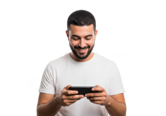 Man playing game on mobile phone isolated on transparent background