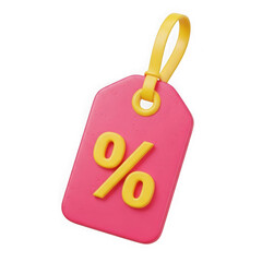 3d pink discount tag with percentage symbol realistic render isolated on transparent background
