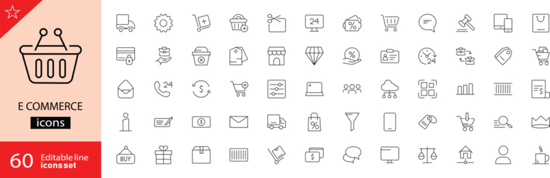 E-commerce icons set. Including shopping cart, online store, delivery, payment, discount, customer support, and more. Editable stroke. Vector illustration. Outline icons. Perfect for shopping. - Powered by Adobe