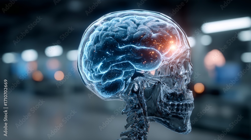 Poster transparent skull with glowing brain in futuristic setting