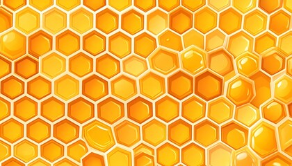 A detailed close-up view of a honeycombs pattern, showcasing a vibrant, rich yellow-orange color scheme and a captivating geometric design.