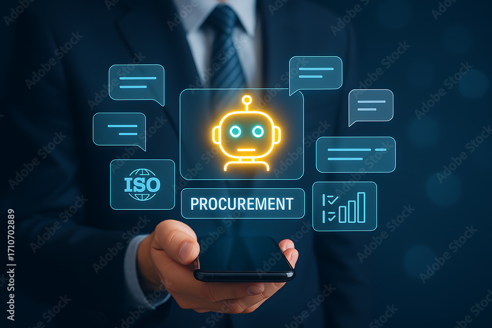 Poster ai-powered procurement and supply chain management with a humanoid robot, automated chat, and iso ce