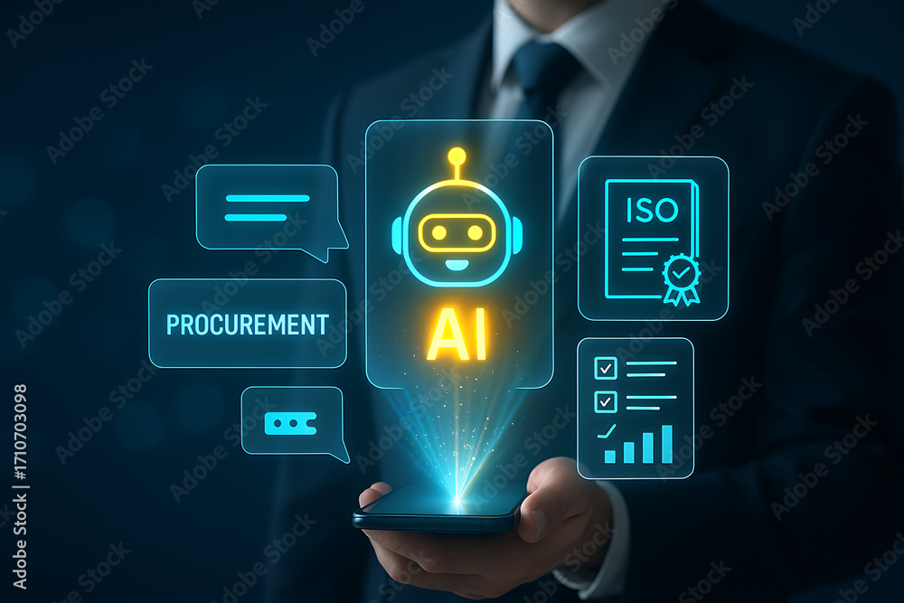 Poster ai-powered procurement and supply chain management with a humanoid robot, automated chat, and iso ce