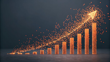 Orange particle data visualization with rising bar graph and arrow abstract analytics