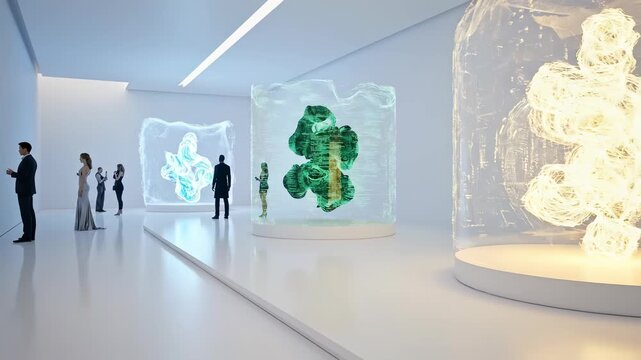 Visitors explore a contemporary art exhibit filled with mesmerizing digital sculptures. The airy gallery space is alive with creativity and innovation, inviting reflection and wonder.