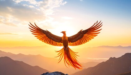 Fiery phoenix soars over mountains at sunrise